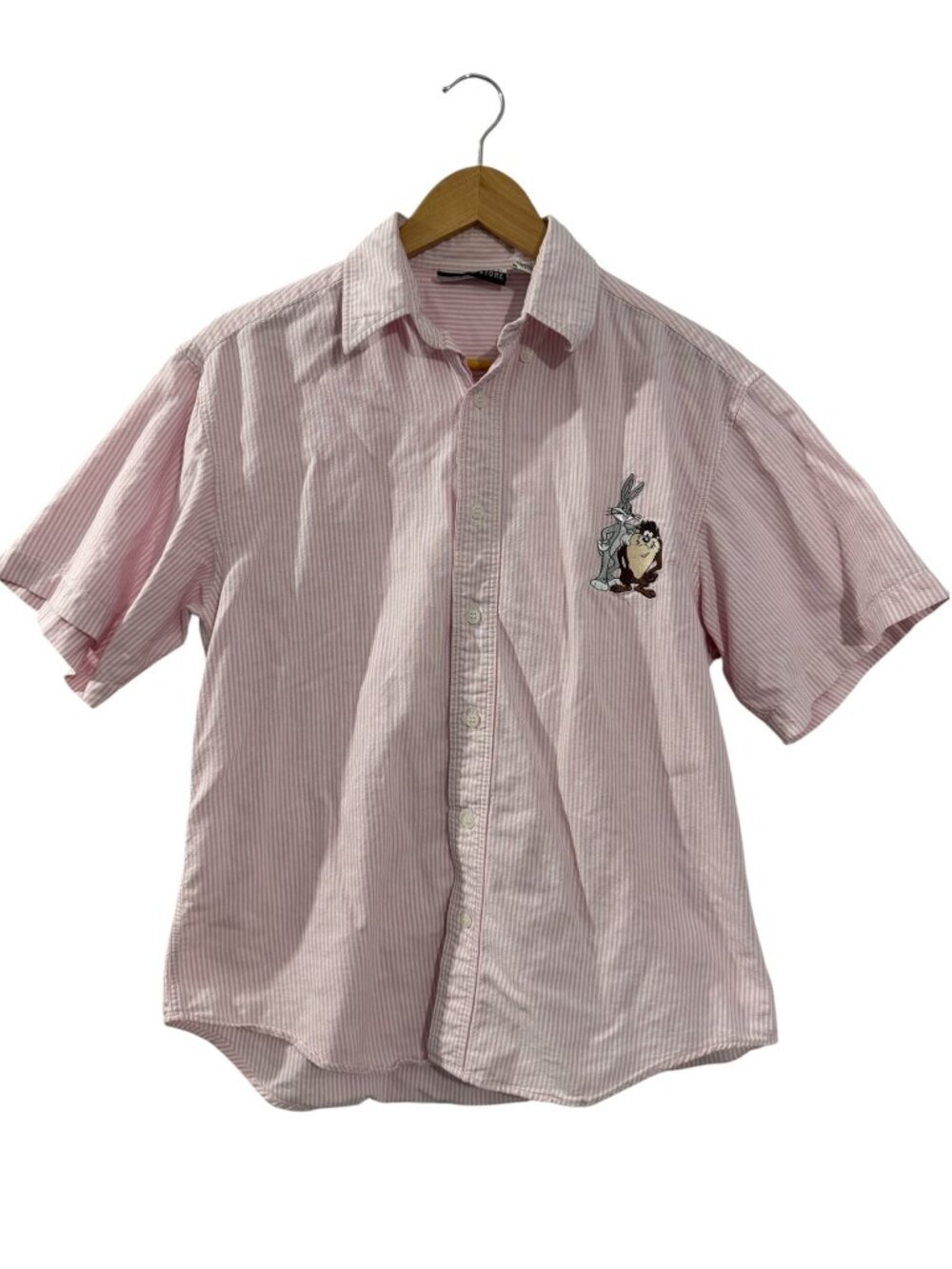VTG Warner Bros Studio Store Bugs Bunny Taz Pink Stripe Button Up Shirt S